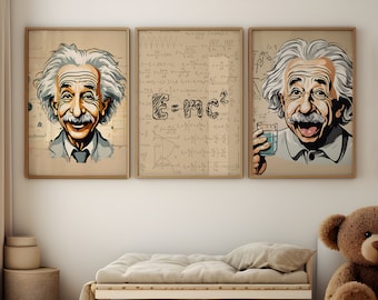 Albert Einstein Set of 3 Prints, Einstein Wall Art, Einstein Formula, E=MC2, Einstein Poster, Albert Einstein Poster, Einstein Picture