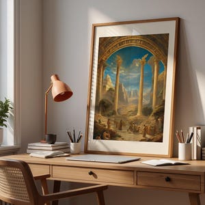 May include: A framed vertical art print featuring a classical architectural scene with tall stone columns under a bright blue sky. The image depicts a landscape with ancient ruins, golden light, and figures gathered on stone steps beneath an archway.