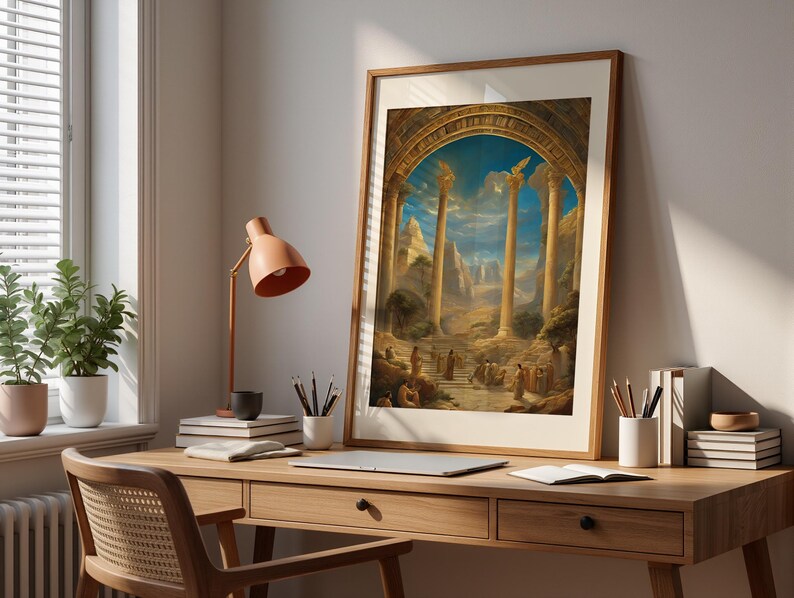 May include: A framed vertical art print featuring a classical architectural scene with tall stone columns under a bright blue sky. The image depicts a landscape with ancient ruins, golden light, and figures gathered on stone steps beneath an archway.