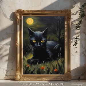 Black Cat Moonlight Poster: Floral Grass Print, Dark Academia (Digital Download)