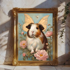 Vintage cavia vlindervleugels kunstafdruk: bloemen dierendecor (digitale download)