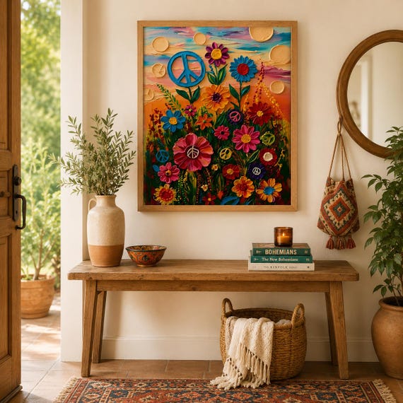 Flower Power Wall Art, Hippie Peace Sign Floral Poster, 60s 70s