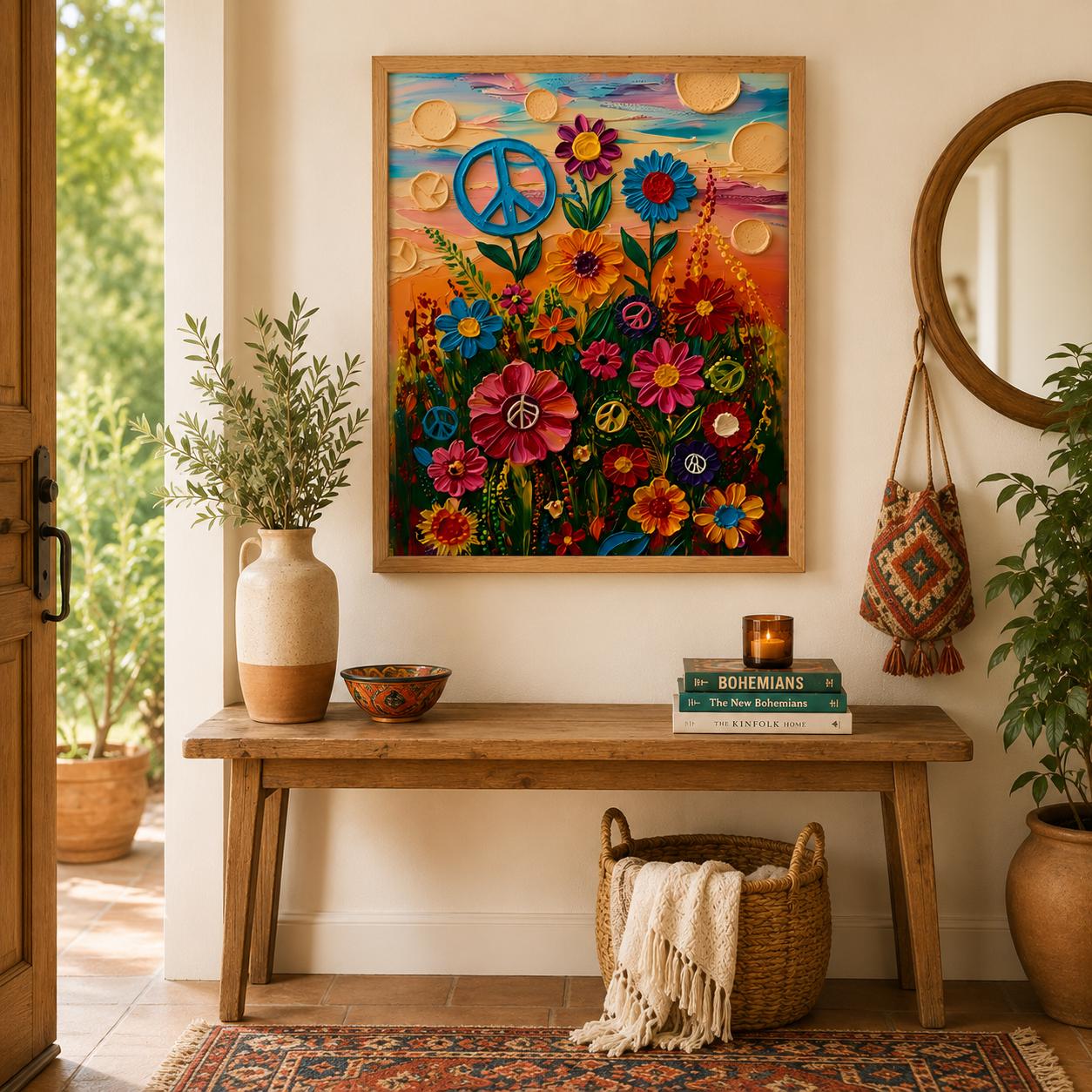 Flower Power Wall Art, Hippie Peace Sign Floral Poster, 60s 70s