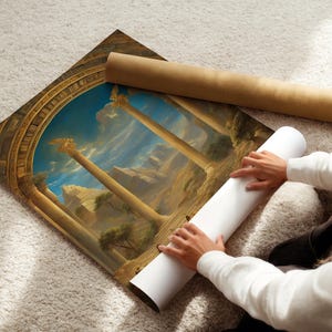 May include: A large rectangular art print featuring a classical architectural scene with tall stone columns, arched structures, and a blue sky. The print is partially unrolled, showing a detailed landscape with golden light and ancient ruins.
