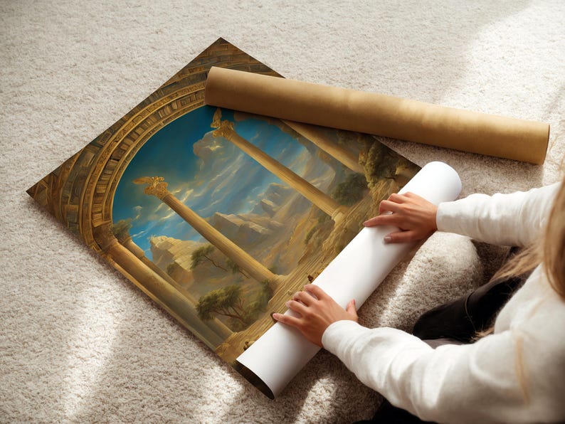May include: A large rectangular art print featuring a classical architectural scene with tall stone columns, arched structures, and a blue sky. The print is partially unrolled, showing a detailed landscape with golden light and ancient ruins.