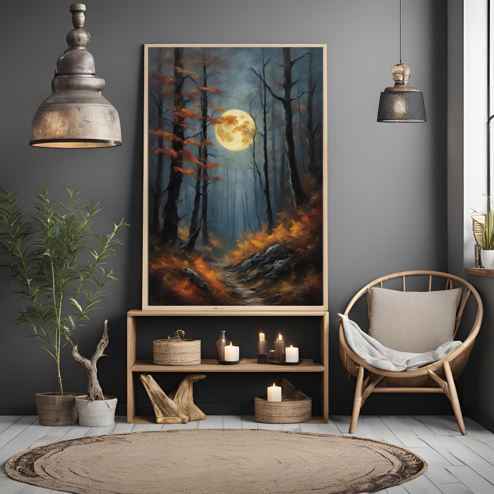 Autumn Full Moon Dark Forest Art Print, Dark Category, Moody Fall Art ...