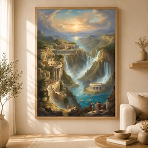 May include: A framed wall art print depicting a fantasy landscape with classical Greek-style architecture, tiered stone staircases, and multiple waterfalls cascading into a central blue river under a golden sunset sky with soft clouds.