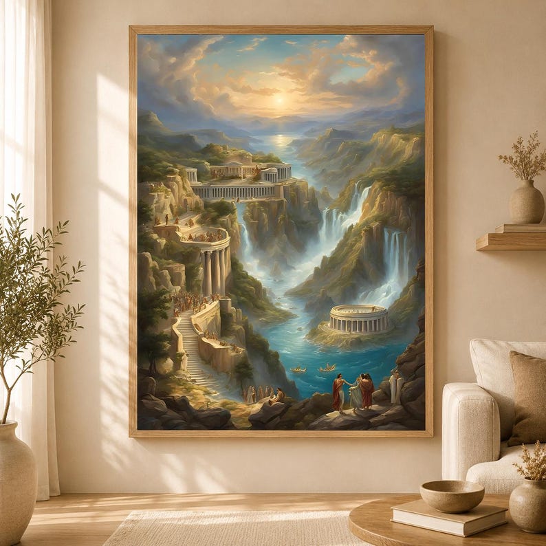 May include: A framed wall art print depicting a fantasy landscape with classical Greek-style architecture, tiered stone staircases, and multiple waterfalls cascading into a central blue river under a golden sunset sky with soft clouds.