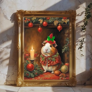 Vintage cavia kerst olieverfposter (digitale download)