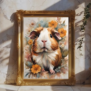 Vintage bloemenkunstdruk cavia: poster Cottagecore Pet (digitale download)