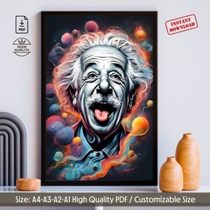 Lámina artística surrealista de Einstein: Decoración espacial, retrato colorido (descarga digital)