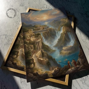 May include: A framed art print depicting a fantasy landscape with classical Greek-style architecture, tiered stone staircases, cascading waterfalls, and a river flowing through a canyon. Figures in robes stand on rocky cliffs under a sunset sky.