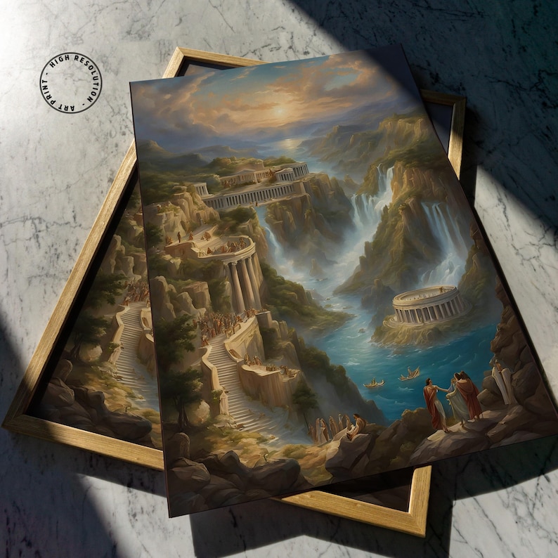 May include: A framed art print depicting a fantasy landscape with classical Greek-style architecture, tiered stone staircases, cascading waterfalls, and a river flowing through a canyon. Figures in robes stand on rocky cliffs under a sunset sky.