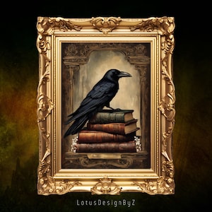 Gothic Raven Art Print: Vintage Oil Painting on Books (Digital Download)