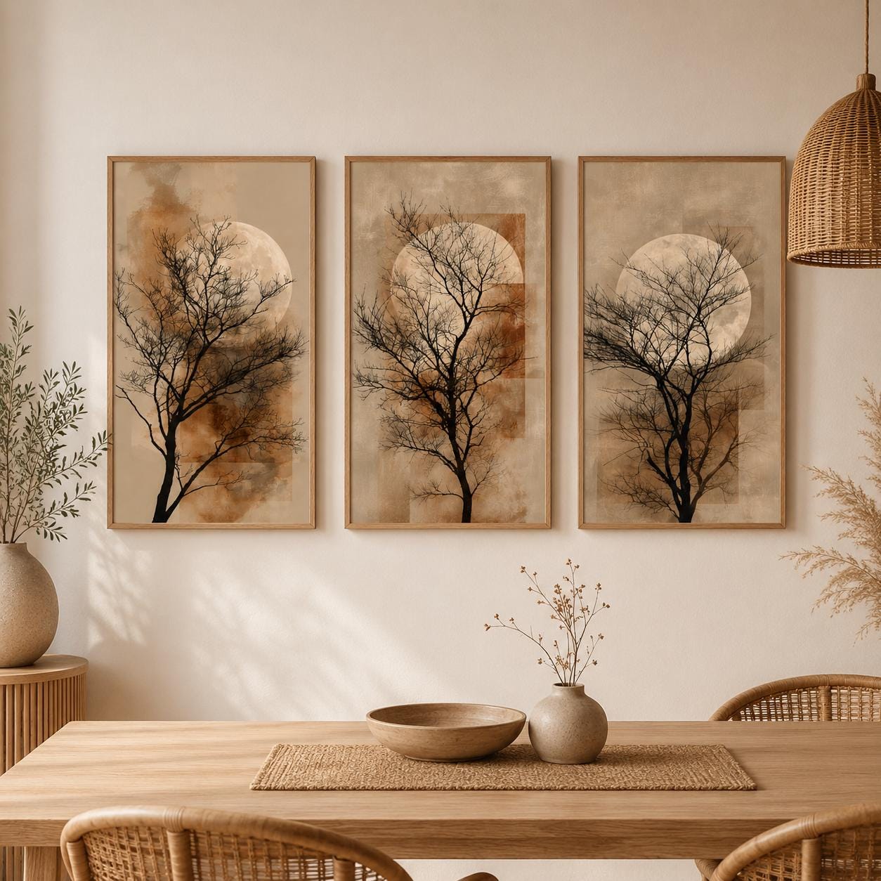 Japandi Tree Wall Art Set of 3, Moon Tree Prints, Minimalist