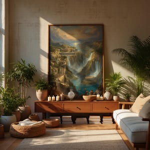 May include: A large rectangular framed painting depicting a fantasy landscape with classical architecture, waterfalls, and a river, displayed on a wooden console table. The scene includes multiple potted green plants and a white sofa nearby.