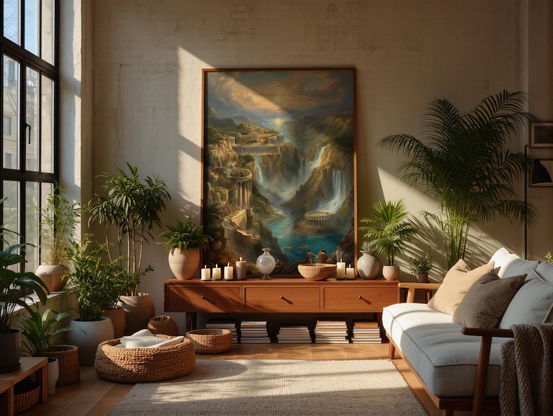 May include: A large rectangular framed painting depicting a fantasy landscape with classical architecture, waterfalls, and a river, displayed on a wooden console table. The scene includes multiple potted green plants and a white sofa nearby.