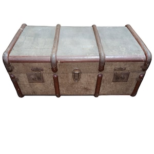 1930s English Drawco Steel Banded Hardshell Travel Trunk