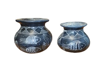 Sgraffito Vases Pair with Fish Motif