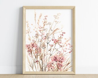 Boho Wildflower Painting, Floral Print, Boho Watercolor Wildflower Art,  Boho Home Décor Neutral Tones, Watercolor Botanical Print