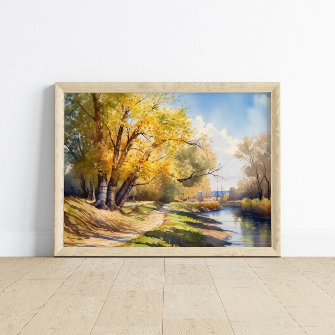 Printable Landscape Art, Autumn Riverside Watercolor Print, Digital ...
