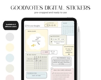 Può includere: Un planner digitale con una varietà di adesivi e widget per Goodnotes. Il planner include un calendario, un tracker delle abitudini, un elenco di cose da fare e un elenco di controllo dell'auto-cura. Gli adesivi sono di vari colori e design, tra cui un brain dump, un conto alla rovescia, un tracker delle abitudini, un elenco di cose da fare e un elenco di controllo dell'auto-cura. Il planner è disponibile in cinque colori diversi.