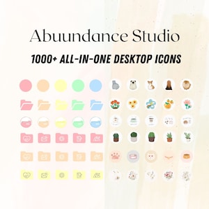 May include: A set of 1000+ colorful desktop icons in a variety of styles, including folders, hearts, mailboxes, suns, mountains, cacti, paw prints, cameras, and flowers. The icons are arranged in a grid on a light pink background with the text "Abundance Studio" and "1000+ ALL-IN-ONE DESKTOP ICONS" at the top.