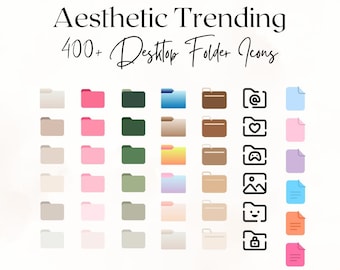 May include: Aesthetic Trending desktop folder icons in various colors and designs. The image features a collection of folders in shades of pink, green, brown, and blue, along with icons for email, hearts, gaming, images, and more. The text reads "Aesthetic Trending 400+ Desktop Folder Icons."
