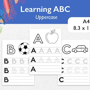 May include: Black and white printable worksheet for learning uppercase letters A, B, and C. Each letter is shown at the top of the page with a picture, followed by lines for tracing the letter.