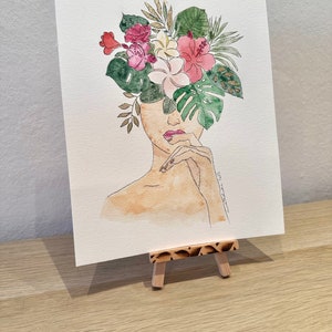 Aquarelle peinte à la main avec feuille d'or Femme avec coiffe florale image 6