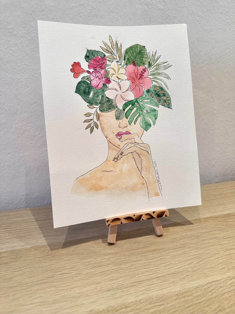 Aquarelle peinte à la main avec feuille d'or Femme avec coiffe florale image 6