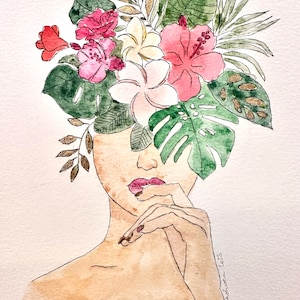 Aquarelle peinte à la main avec feuille d'or Femme avec coiffe florale image 1