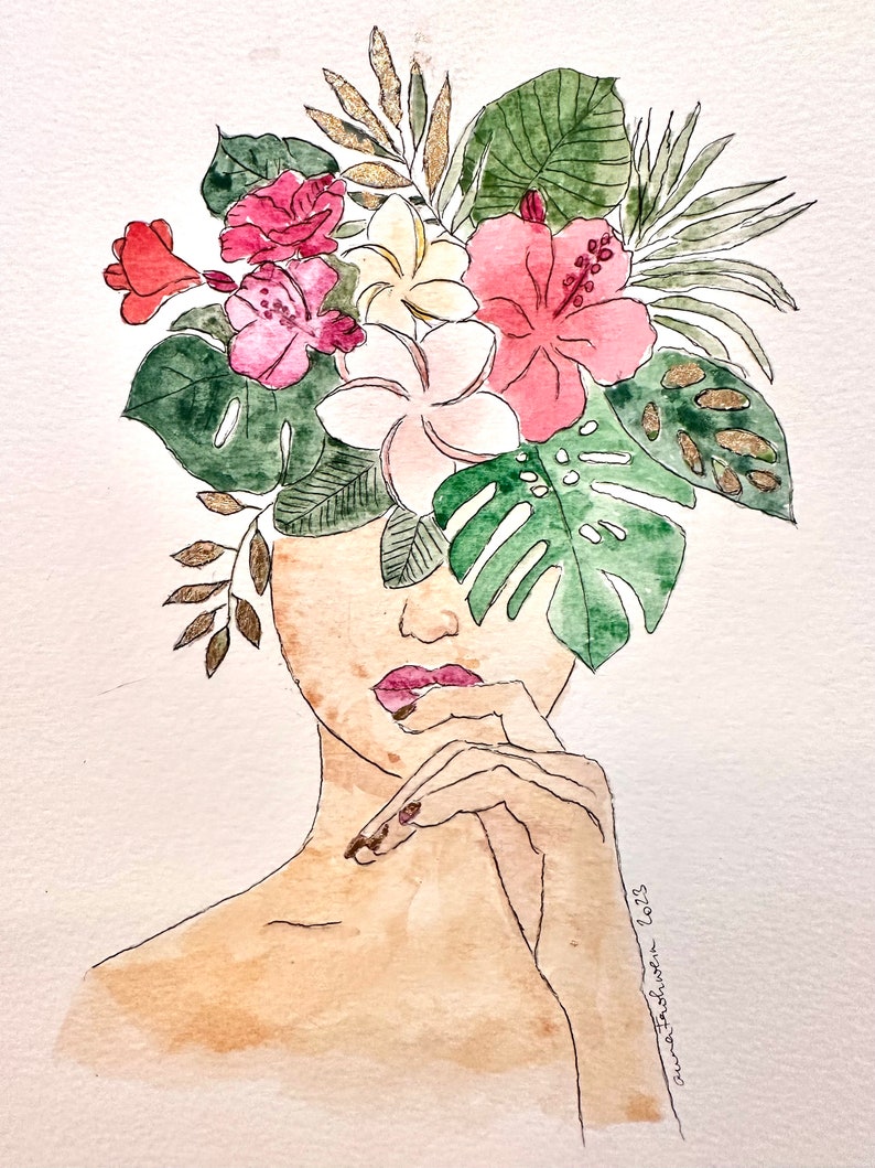 Aquarelle peinte à la main avec feuille d'or Femme avec coiffe florale image 1