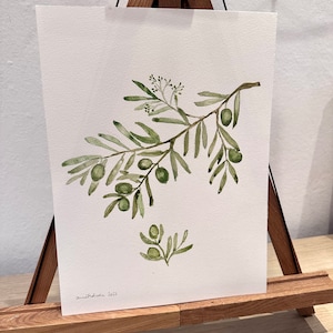 Hand-painted watercolor of an olive tree branch