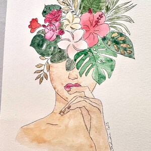 Aquarelle peinte à la main avec feuille d'or Femme avec coiffe florale image 2