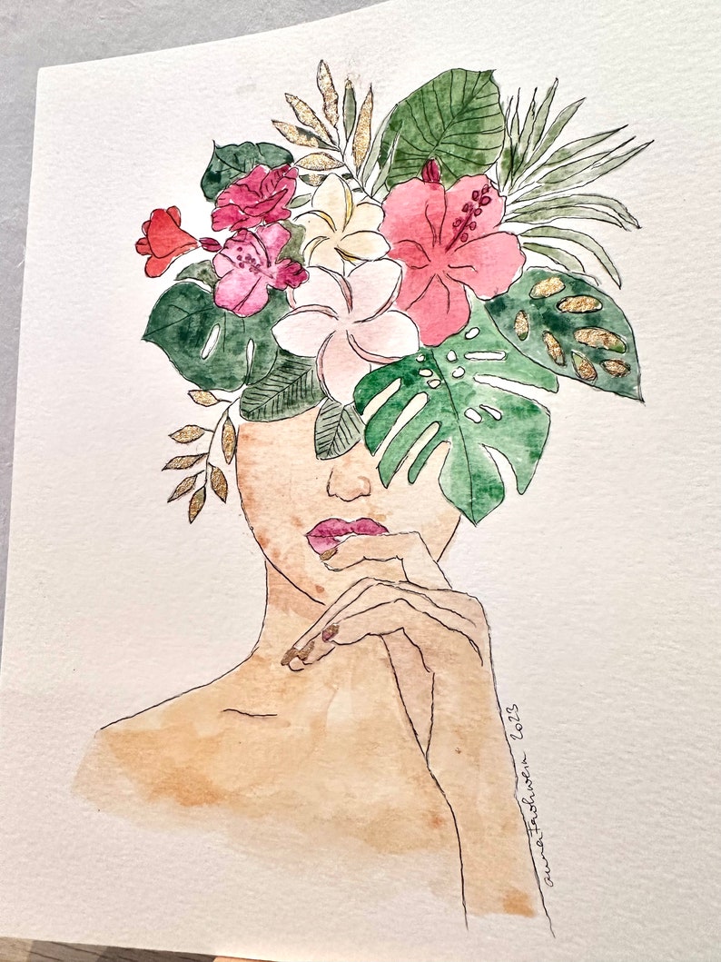 Aquarelle peinte à la main avec feuille d'or Femme avec coiffe florale image 2