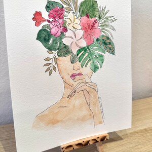Aquarelle peinte à la main avec feuille d'or Femme avec coiffe florale image 5
