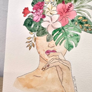 Aquarelle peinte à la main avec feuille d'or Femme avec coiffe florale image 3