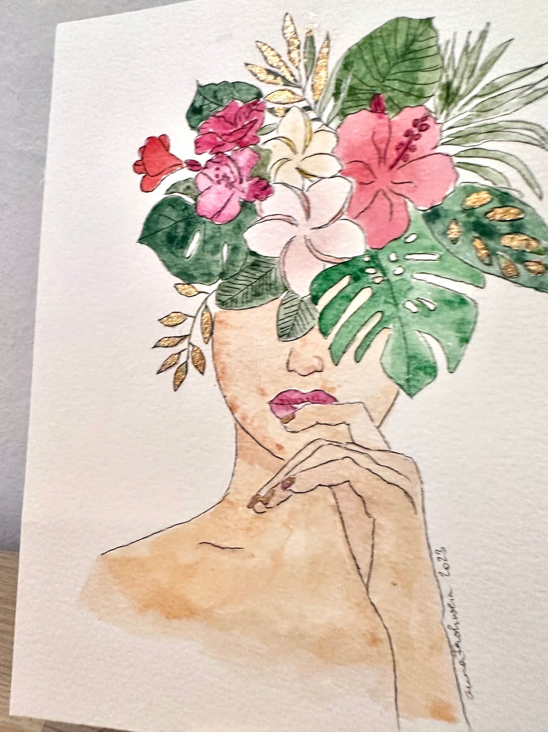 Aquarelle peinte à la main avec feuille d'or Femme avec coiffe florale image 3