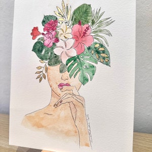 Aquarelle peinte à la main avec feuille d'or Femme avec coiffe florale image 4