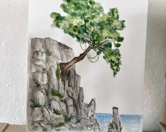 Aquarelle d'un arbre sur une falaise