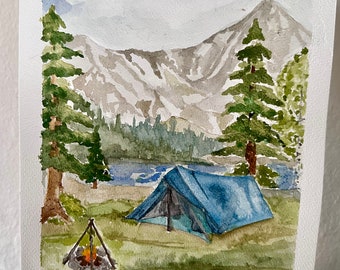 Aquarelle d'un paysage de montagne avec une tente