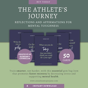 Puede incluir: Imagen promocional de "The Athlete's Journey" con una baraja de 50 cartas de afirmación. Las cartas son de color púrpura oscuro con texto blanco, y la imagen incluye texto como "Reflexiones y afirmaciones para la fortaleza mental."