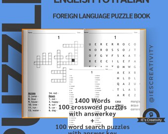 Englısh to Italian Printable Crossword And Word Search, 750 Words Word Matching with Sudoku 100 Language Learning Puzzles With Answer Key