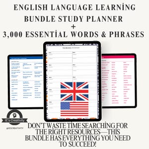 Op de afbeelding: Een digitale studieplanner voor het leren van Engels. De planner bevat een vocabulaire werkblad, een studieplan en 3.000 essentiële woorden en zinnen. De planner toont de vlaggen van het Verenigd Koninkrijk en de Verenigde Staten.
