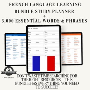 French Language Learning Bundle–43 Page Study Planner + 100 pages of 3,000 Essential Words and Phrases, Efficiency, Productivity,To do List