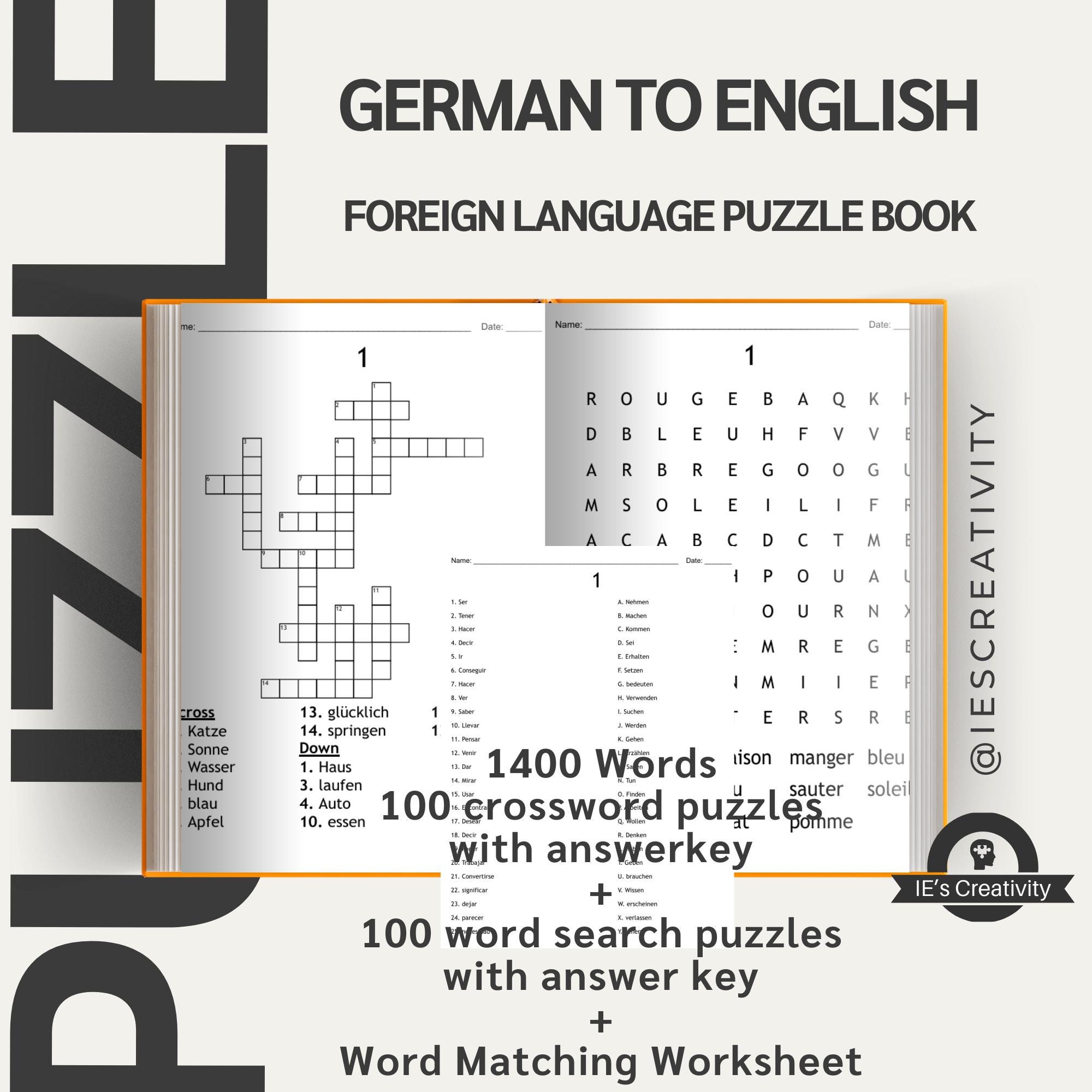 German to Englısh Printable Crossword And Word Search, 750 Words Word Matching with Sudoku 100 Language Learning Puzzles With Answer Key