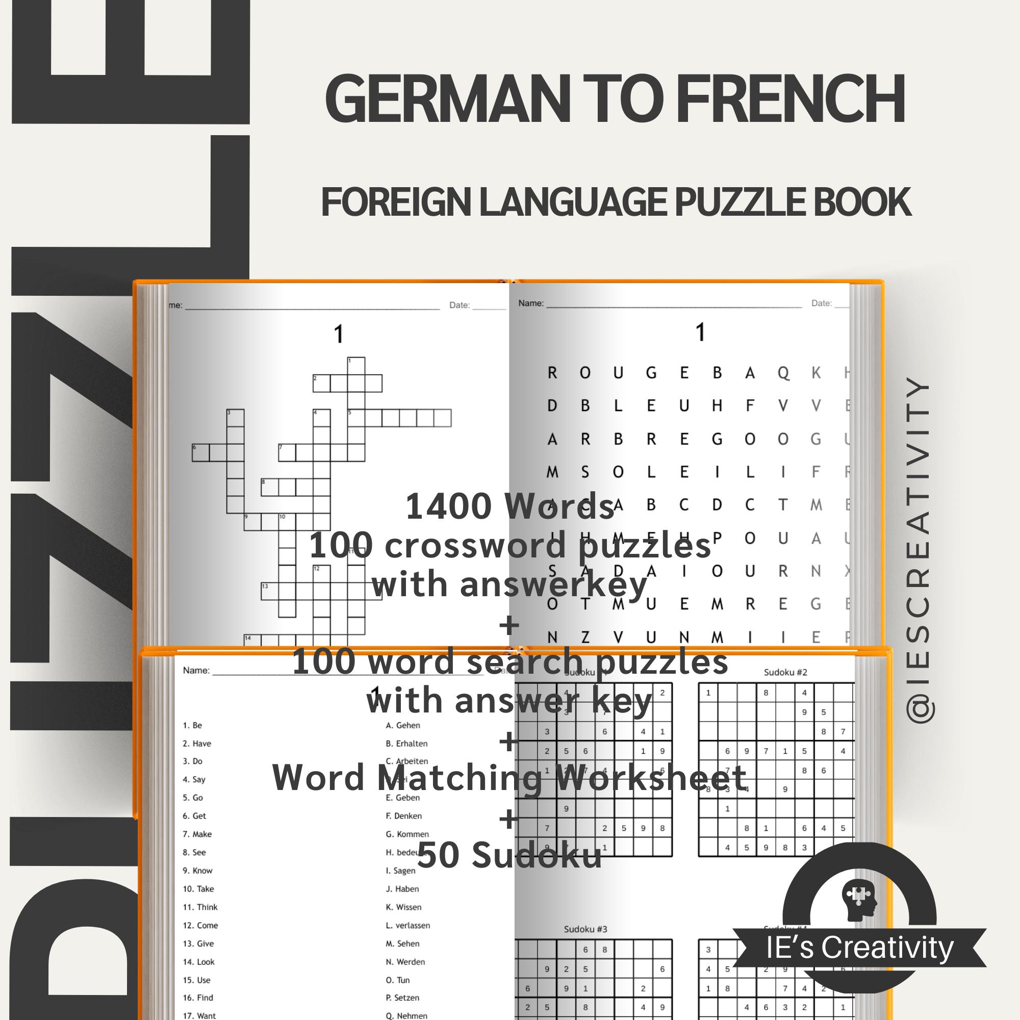 German to french printable 100 crossword, word search and word matching  sheets language learn puzzles with 50 sudoku, digital download