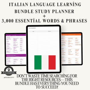 Pode incluir: Um planejador de estudos digital para aprender italiano. O planejador inclui 3.000 palavras e frases essenciais, e um planejador de estudos com um gráfico da bandeira italiana verde, branca e vermelha.