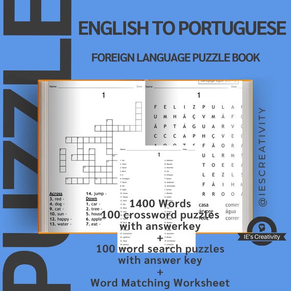 Englısh to portuguese printable crossword and word search, 750 words word  matching with sudoku 100 language learning puzzles with answer key